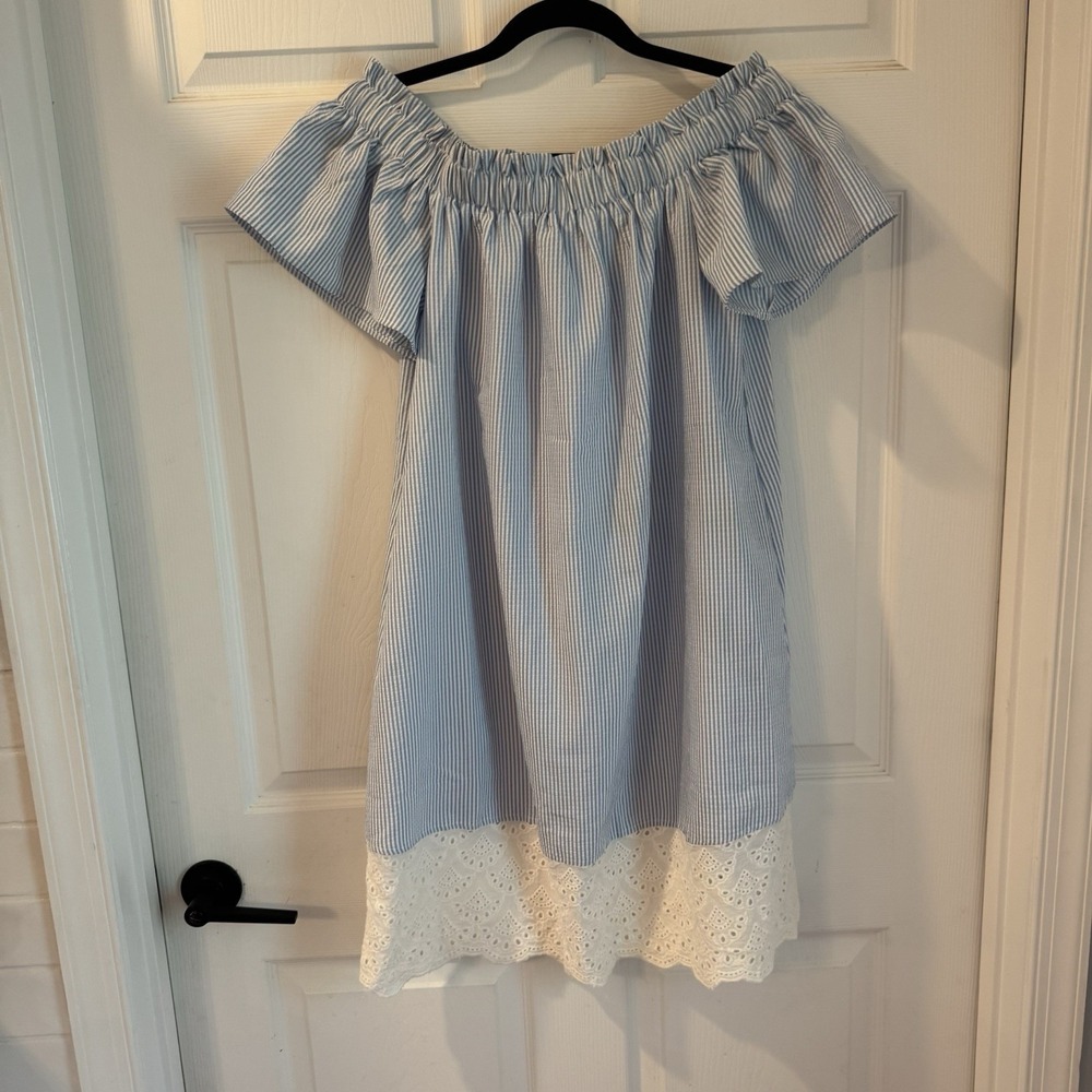 Mazik Women's Off Shoulder Dress Blue Pin Striped Size L White Eyelet Trim